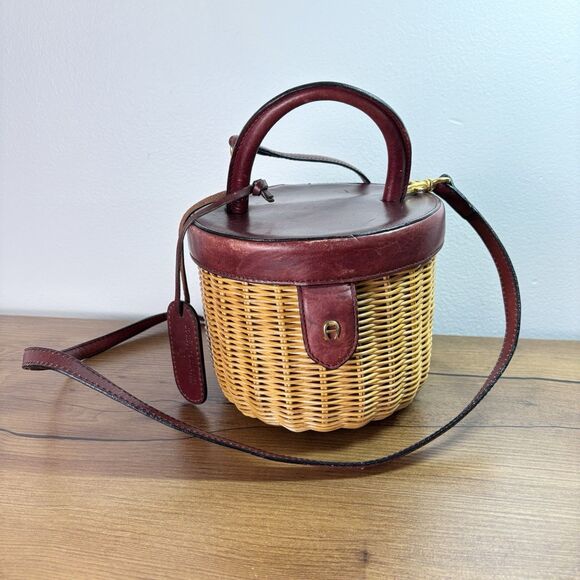 VTG Etienne Aigner Wicker Basket Bag Round Removable Long Strap Natural Brown